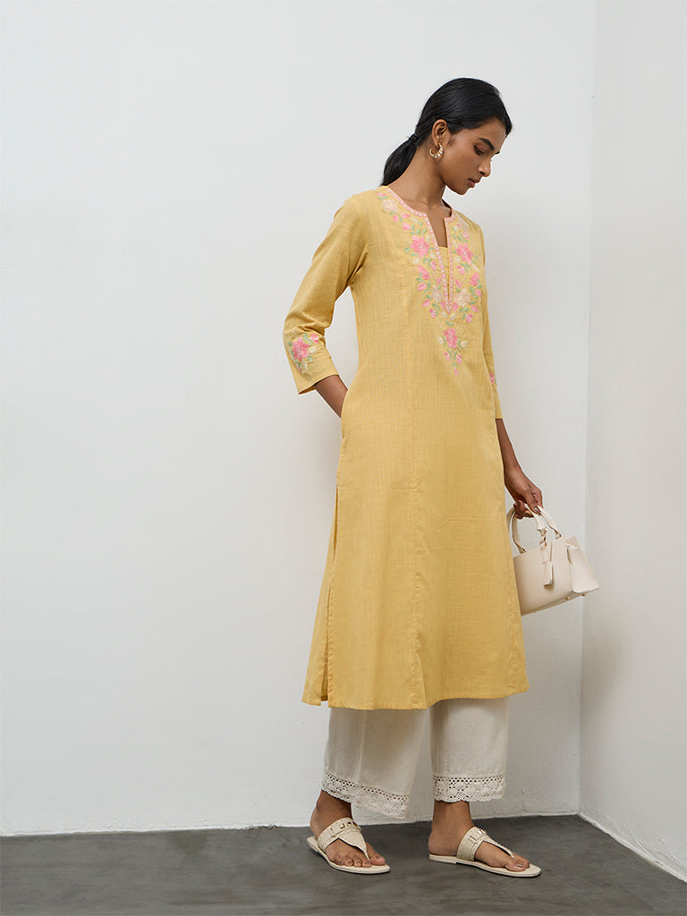 Utsa Mustard Floral Embroidered A-Line Cotton Kurta