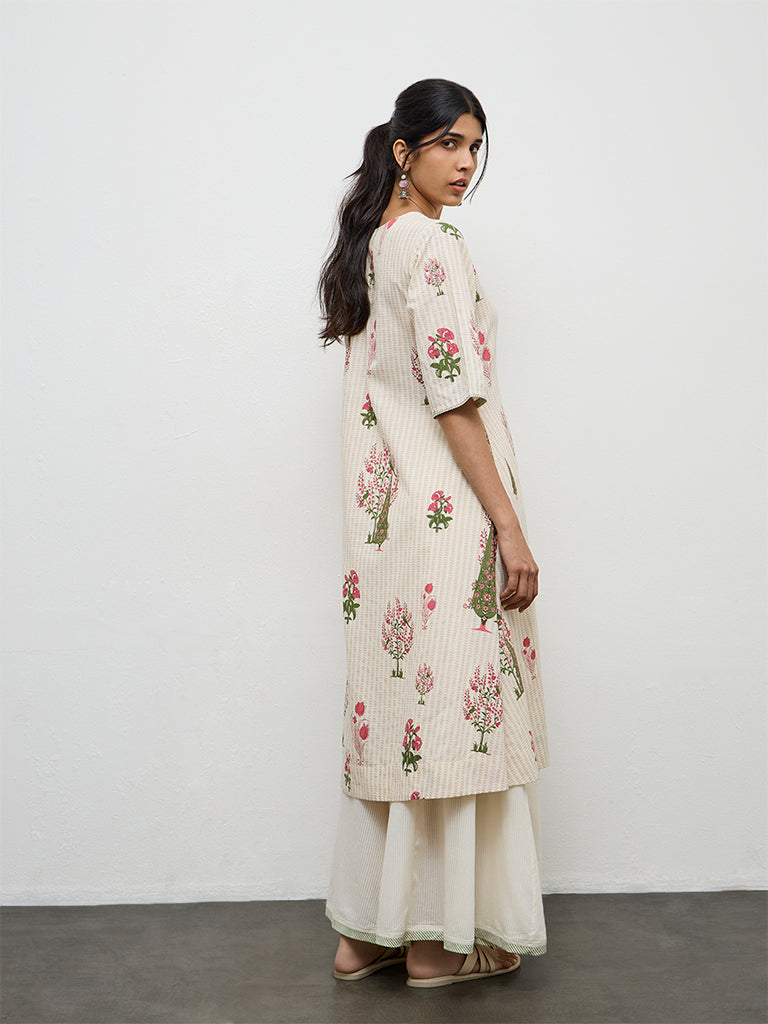 Utsa Off-White Floral Printed Cotton A-Line Kurta