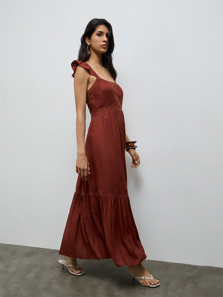 LOV Brown Embroidered A-Line Dress
