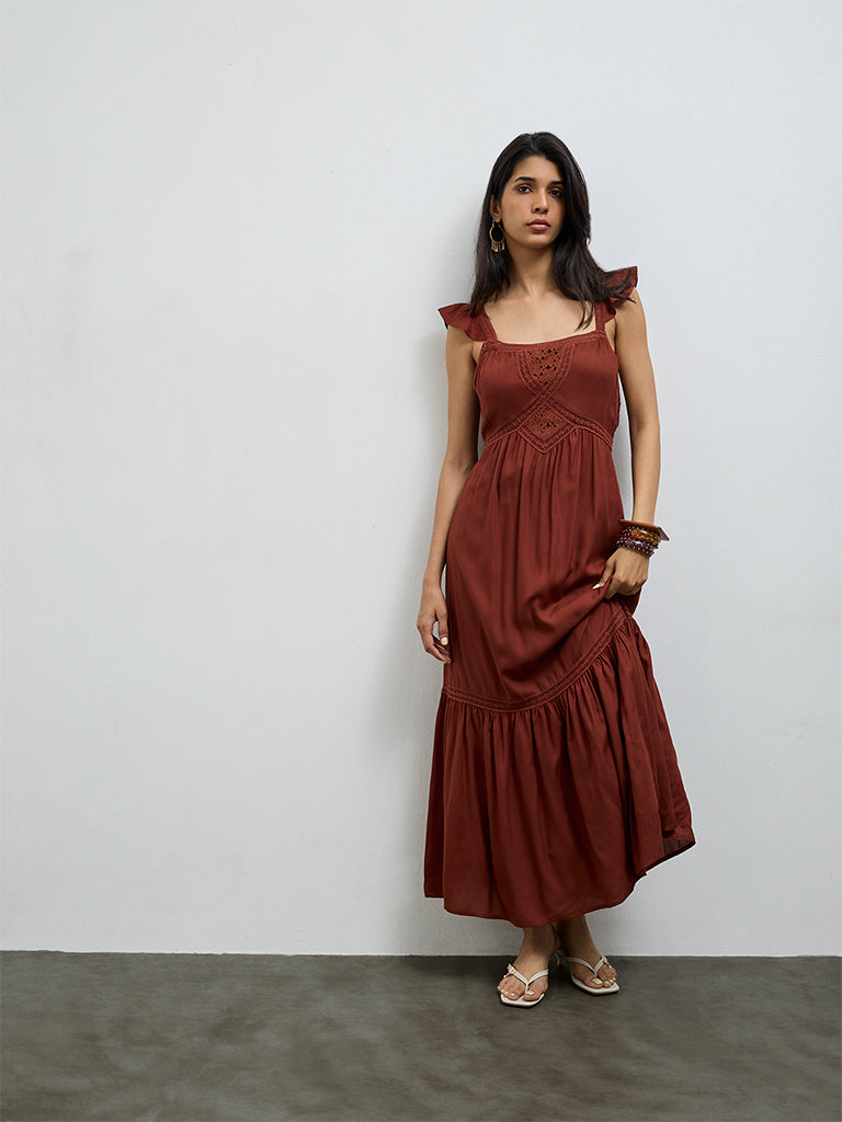 LOV Brown Embroidered A-Line Dress