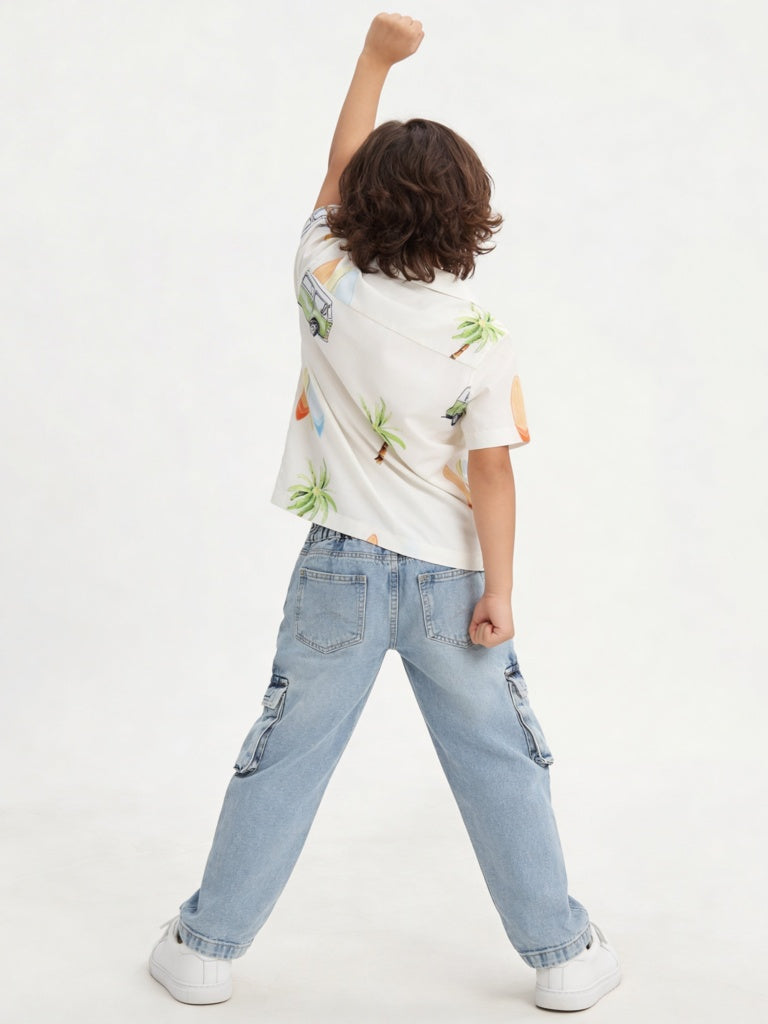 HOP Kids Boys Light Blue Washed Mid-Rise Cargo Jeans