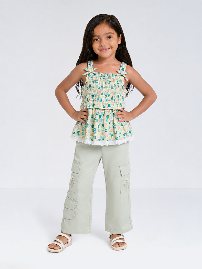 HOP Kids Girls Sage Green Floral Embroidered High-Rise Cargo Pants