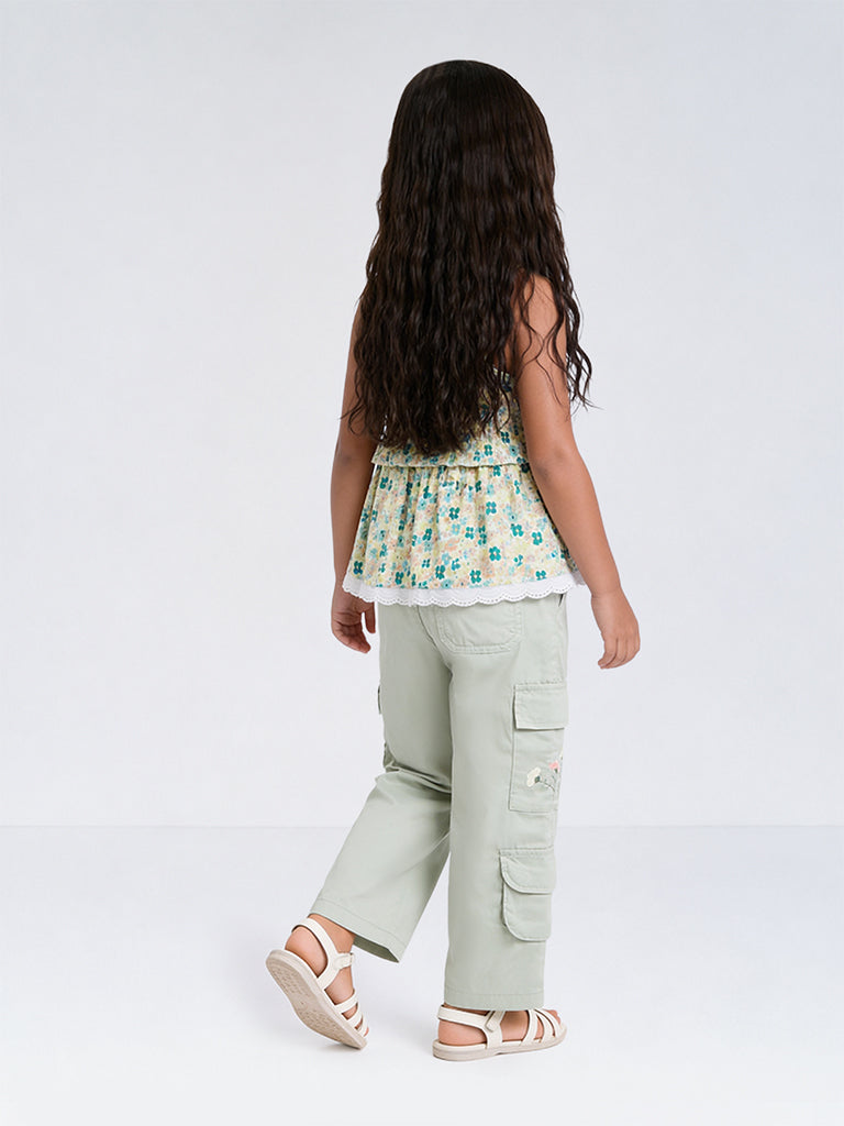 HOP Kids Girls Sage Green Floral Embroidered High-Rise Cargo Pants