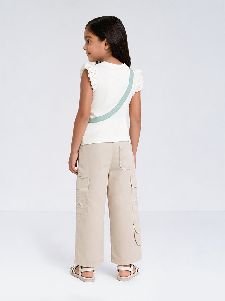 HOP Kids Girls Beige Floral Embroidered High-Rise Cargo Pants