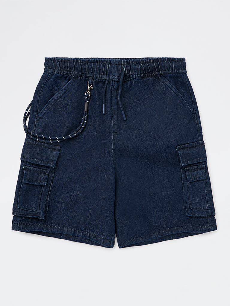 Boys Dark Blue Mid-Rise Denim Chain-detailed Shorts