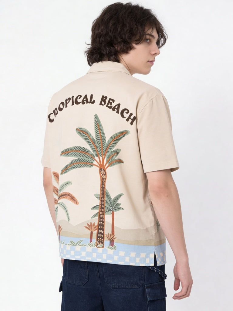 Boys Beige Tropical Printed Shirt