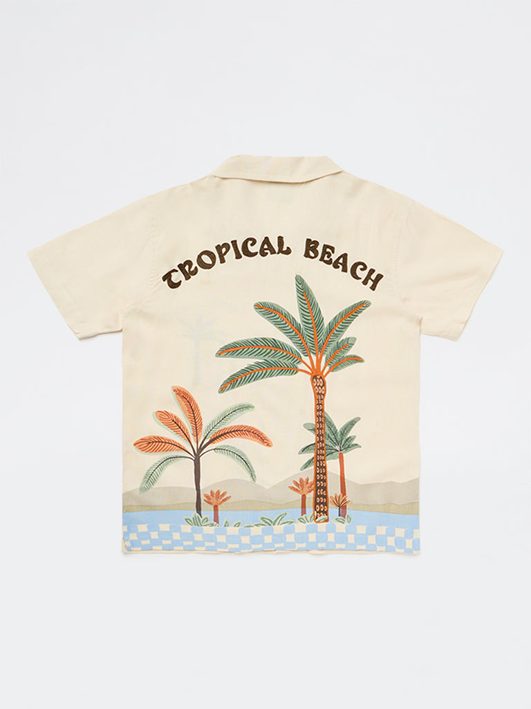 Boys Beige Tropical Printed Shirt