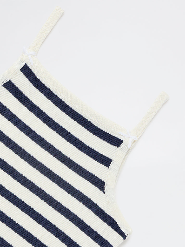 Girls Navy Striped Cotton-Blend Top