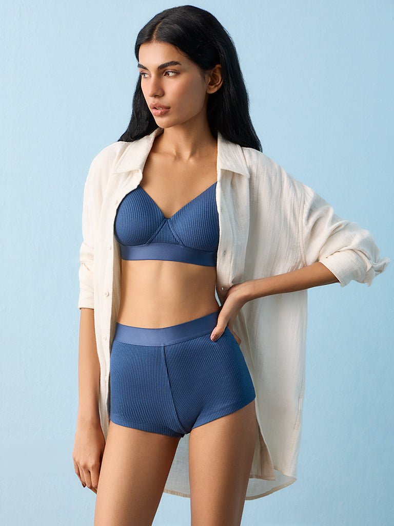 Superstar Blue Ribbed-Textured Cotton-Blend Boy Shorts Briefs