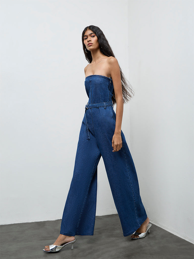 Nuon Dark Blue Denim Jumpsuit with Belt