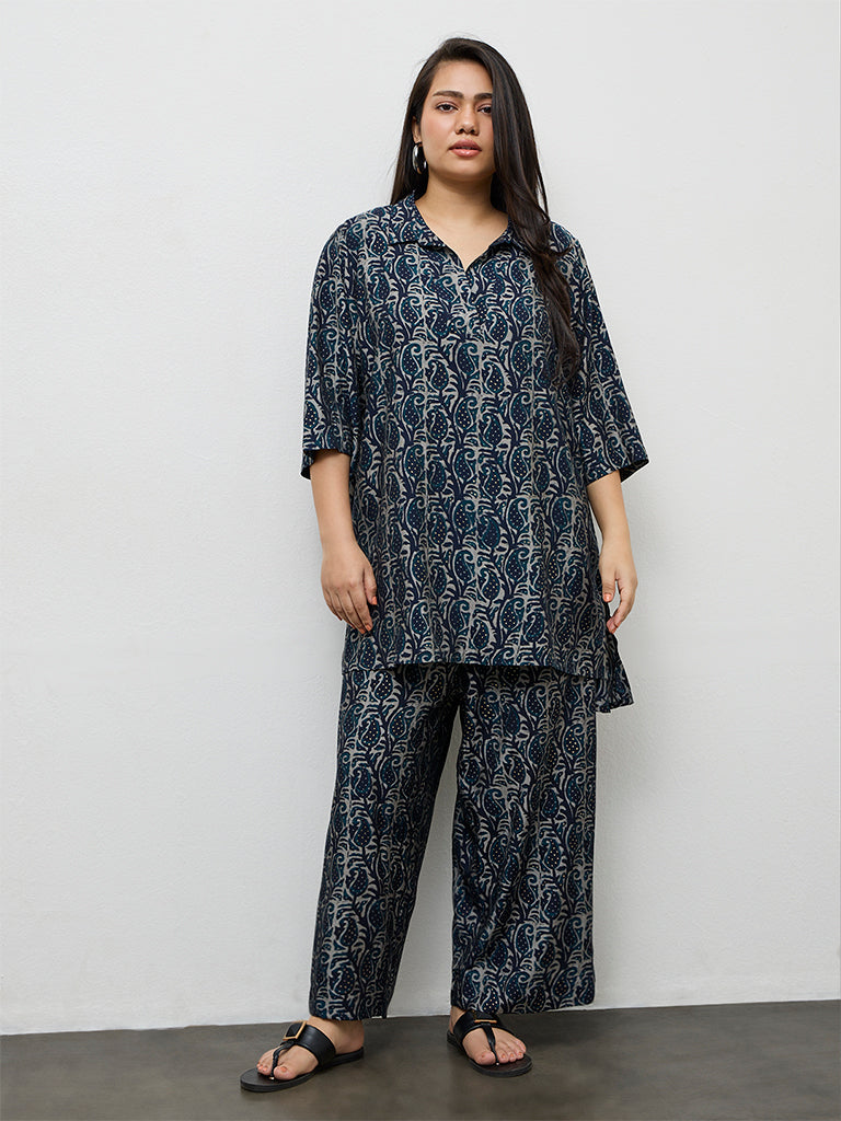 Diza Indigo Paisley Printed High-Low Tunic