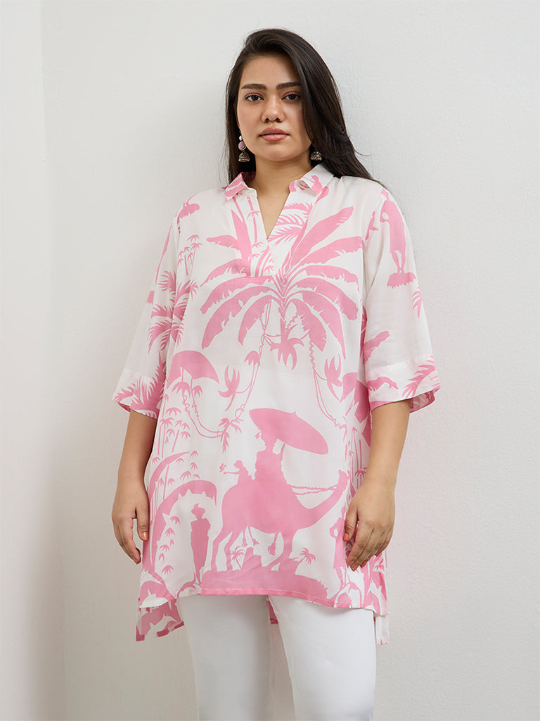 Diza Pink Tropical Printed High-Low Tunic