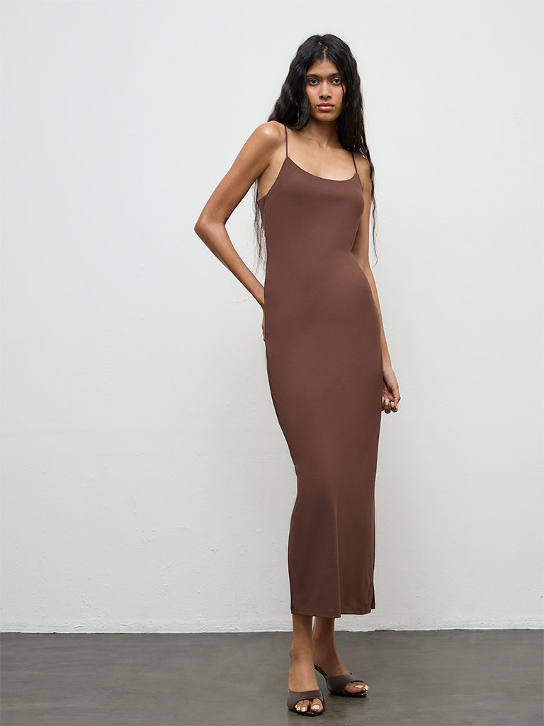 Nuon Brown Solid Slit-Detail Bodycon Dress