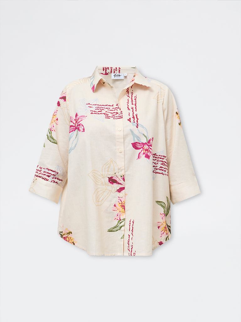 Gia Cream Floral Pattern Cotton-Blend Shirt