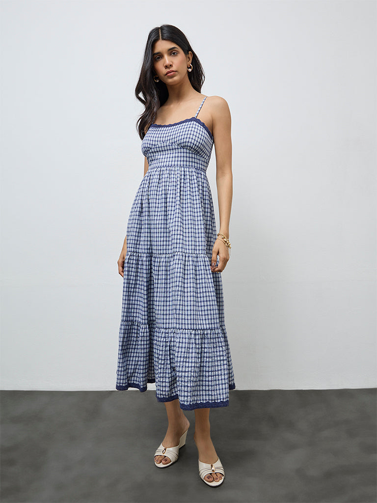 LOV Navy Checkered Cotton-Blend Tiered Dress