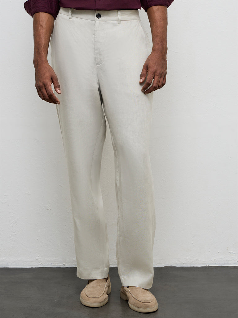 Ascot Light Beige Relaxed-Fit Mid-Rise Linen Trousers