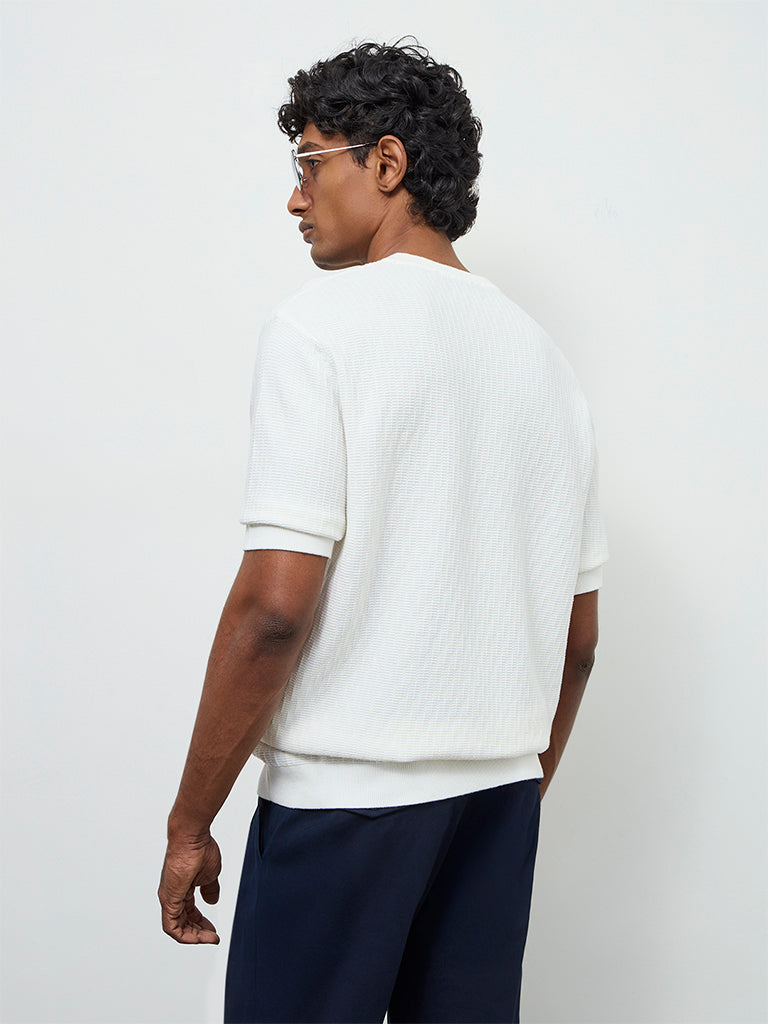 Ascot White Textured Relaxed-Fit Cotton T-Shirt