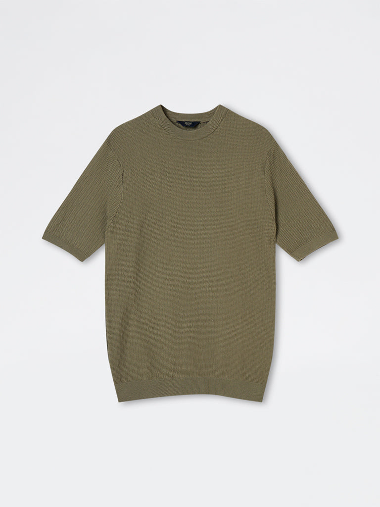 Ascot Olive Textured Relaxed-Fit Cotton T-Shirt
