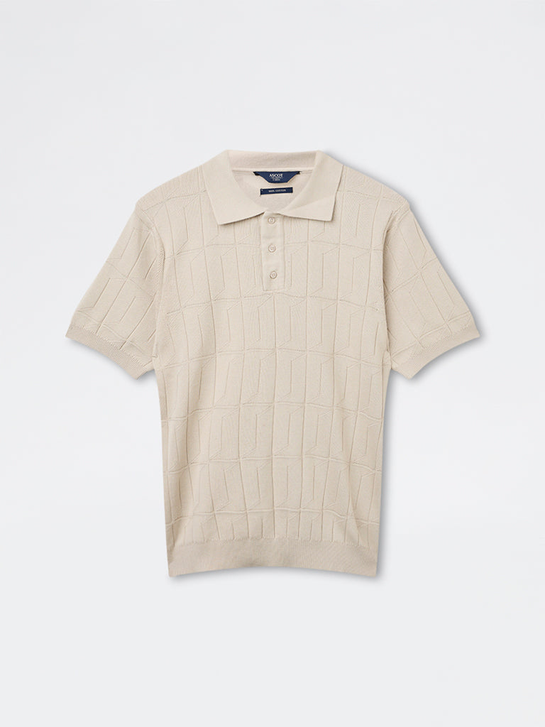 Ascot Beige Knit-Textured Relaxed-Fit Cotton Polo T-Shirt