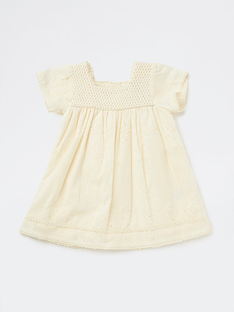 HOP Baby Girls Off-White Knit-Textured Cotton A-Line Dress