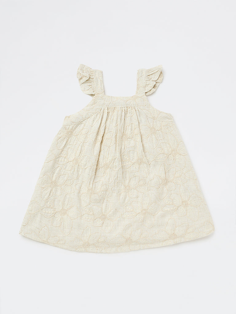HOP Baby Girls Beige Floral Embroidered A-Line Dress