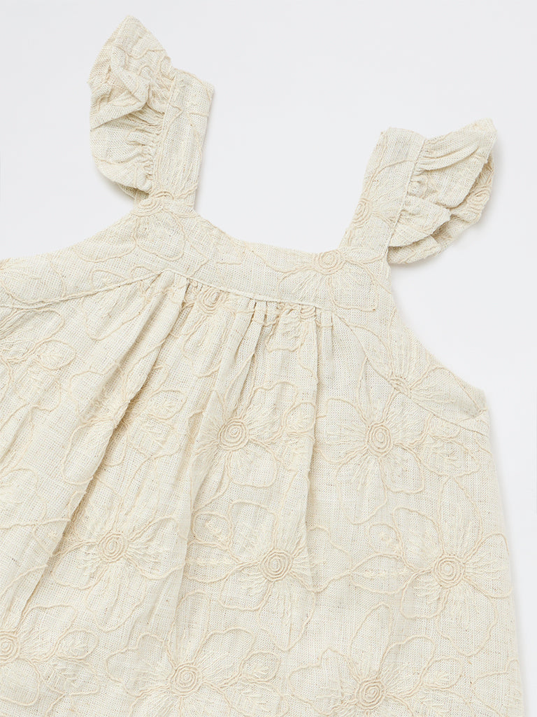 HOP Baby Girls Beige Floral Embroidered A-Line Dress