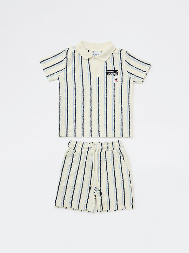 HOP Kids Boys Off-White Cotton-Blend T-Shirt and Shorts Set