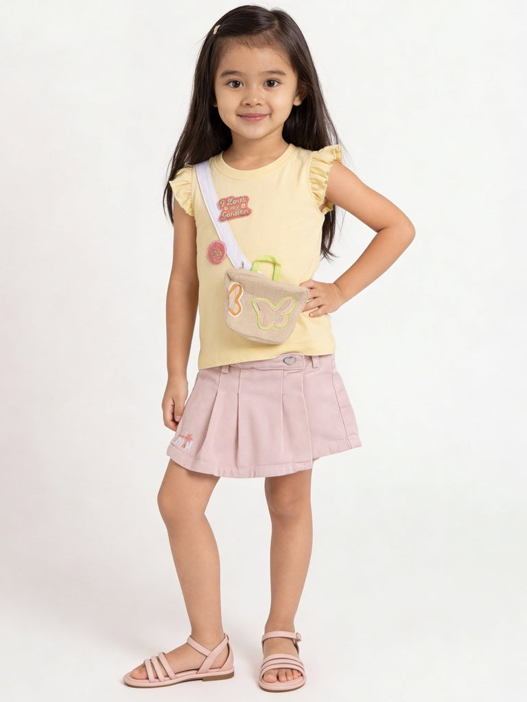 HOP Kids Girls Pink Embroidered Pleated Denim Skirt