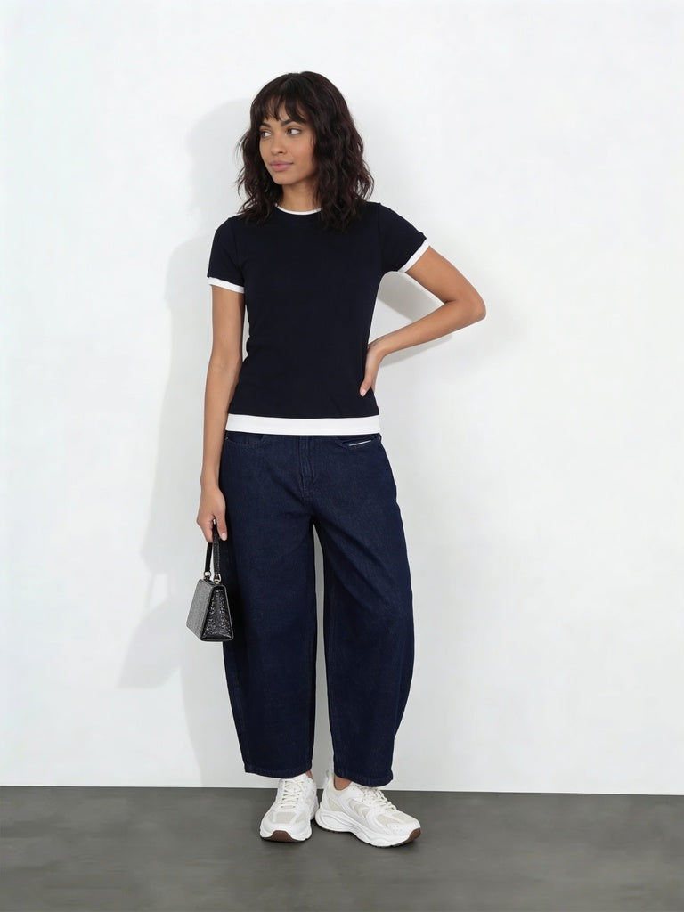 Wardrobe Indigo Solid Mid-Rise Barrel Fit Denim Trousers