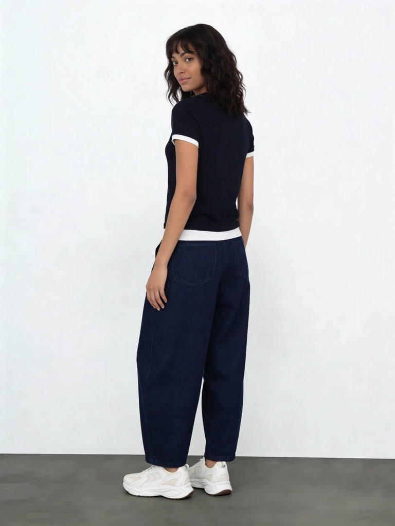 Wardrobe Indigo Solid Mid-Rise Barrel Fit Denim Trousers