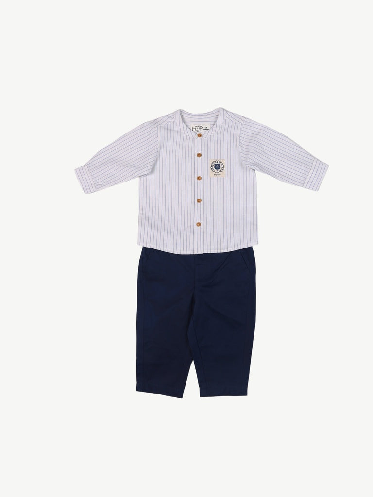 HOP Baby Boys White Striped Cotton Shirt and Trouser Set