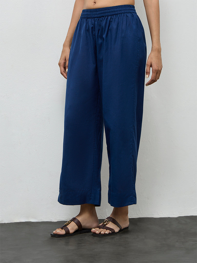 Utsa Indigo Solid Cotton-Blend Pants