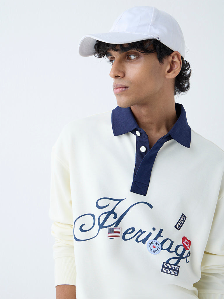 Nuon White Text Design Relaxed-Fit Cotton-Blend Polo T-Shirt