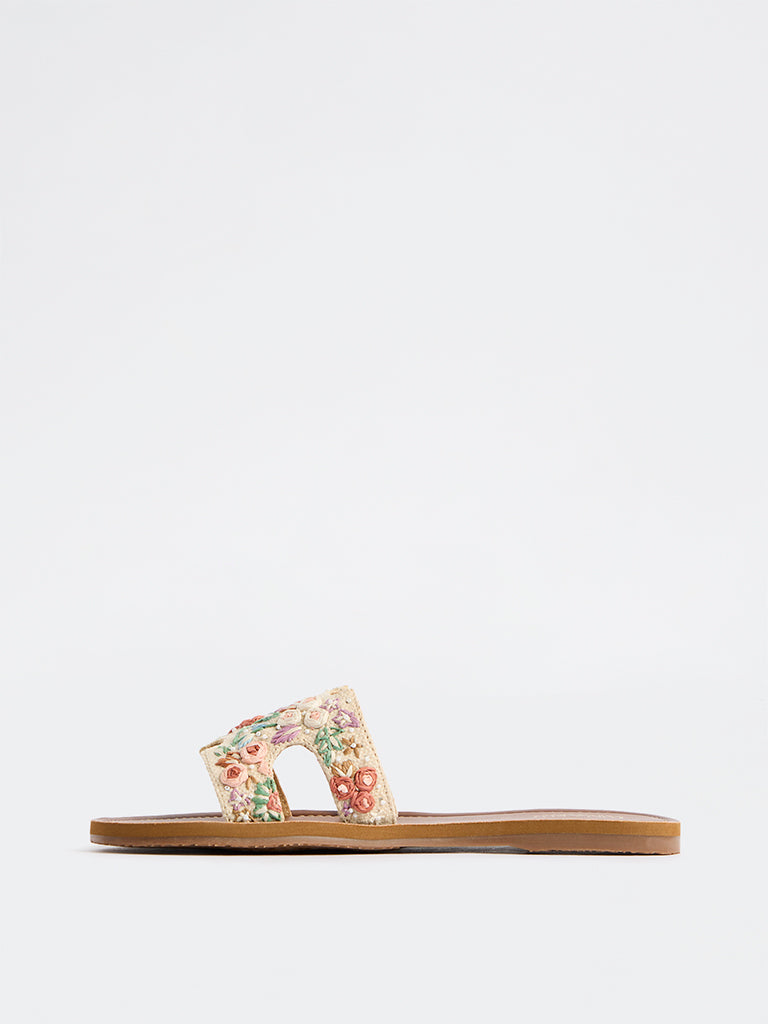 LUNA BLU Ivory Floral Embroidered Slides
