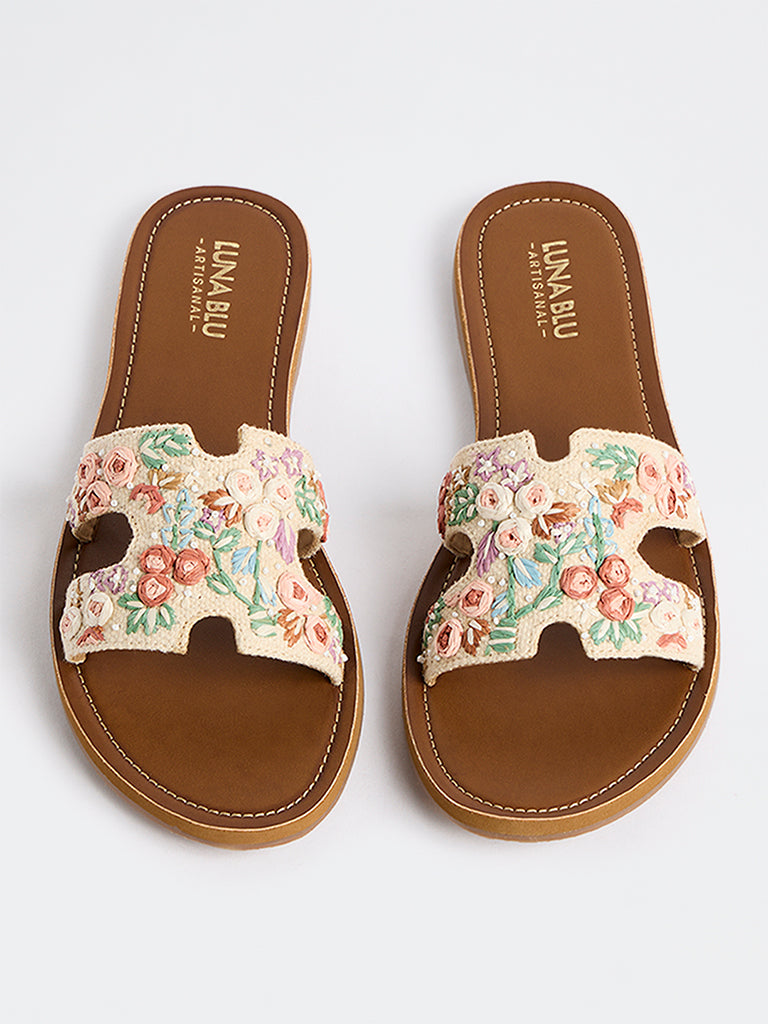 LUNA BLU Ivory Floral Embroidered Slides