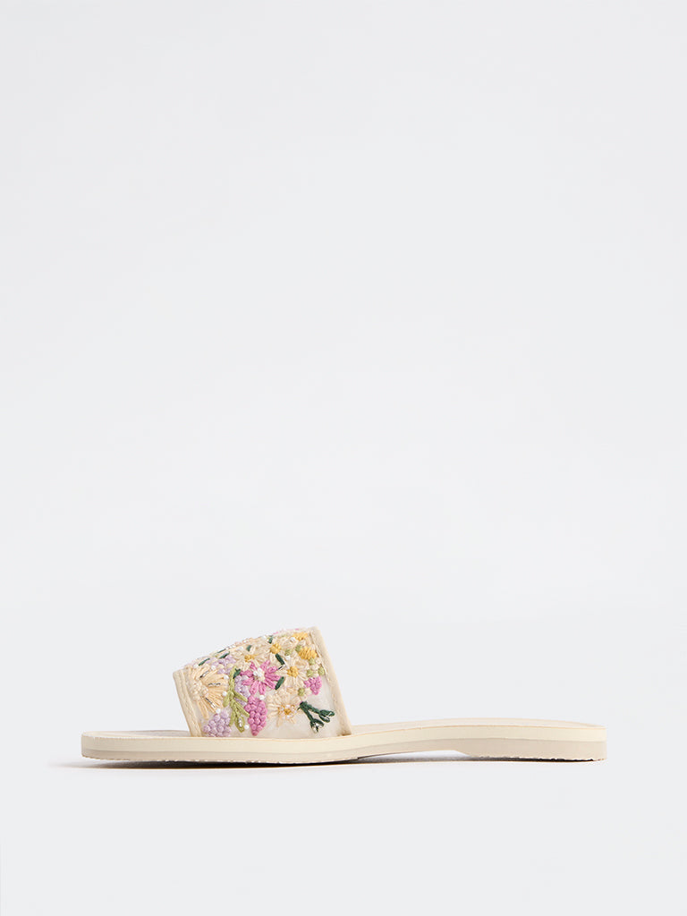 LUNA BLU Cream Floral Embroidered Slides