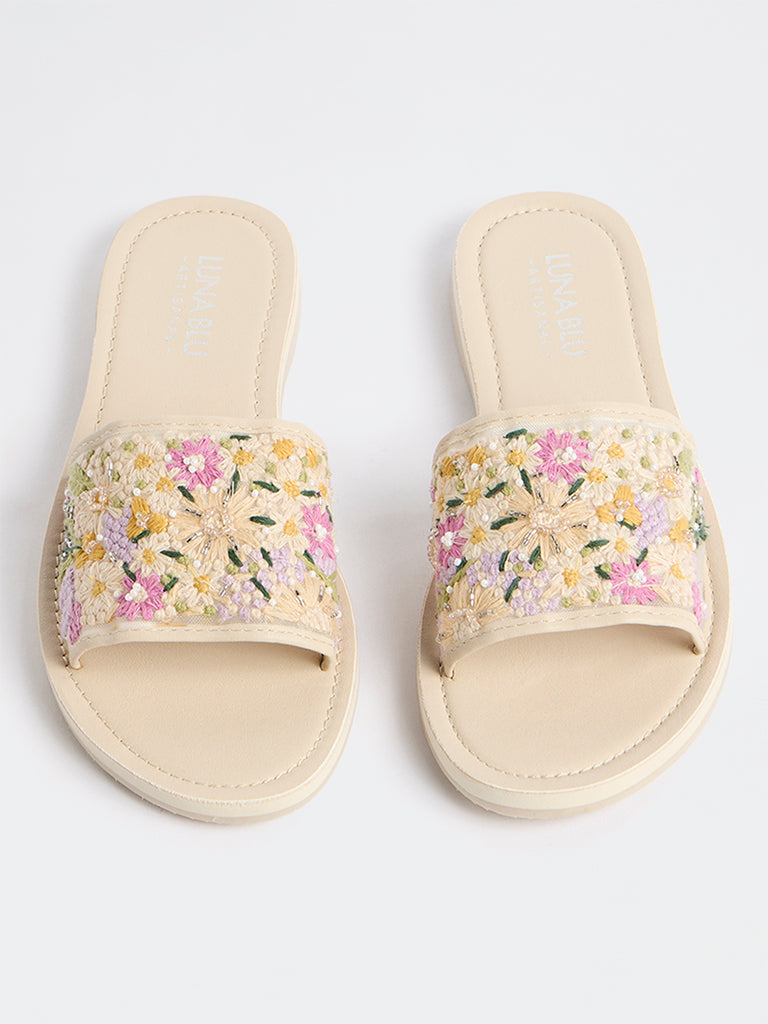LUNA BLU Cream Floral Embroidered Slides