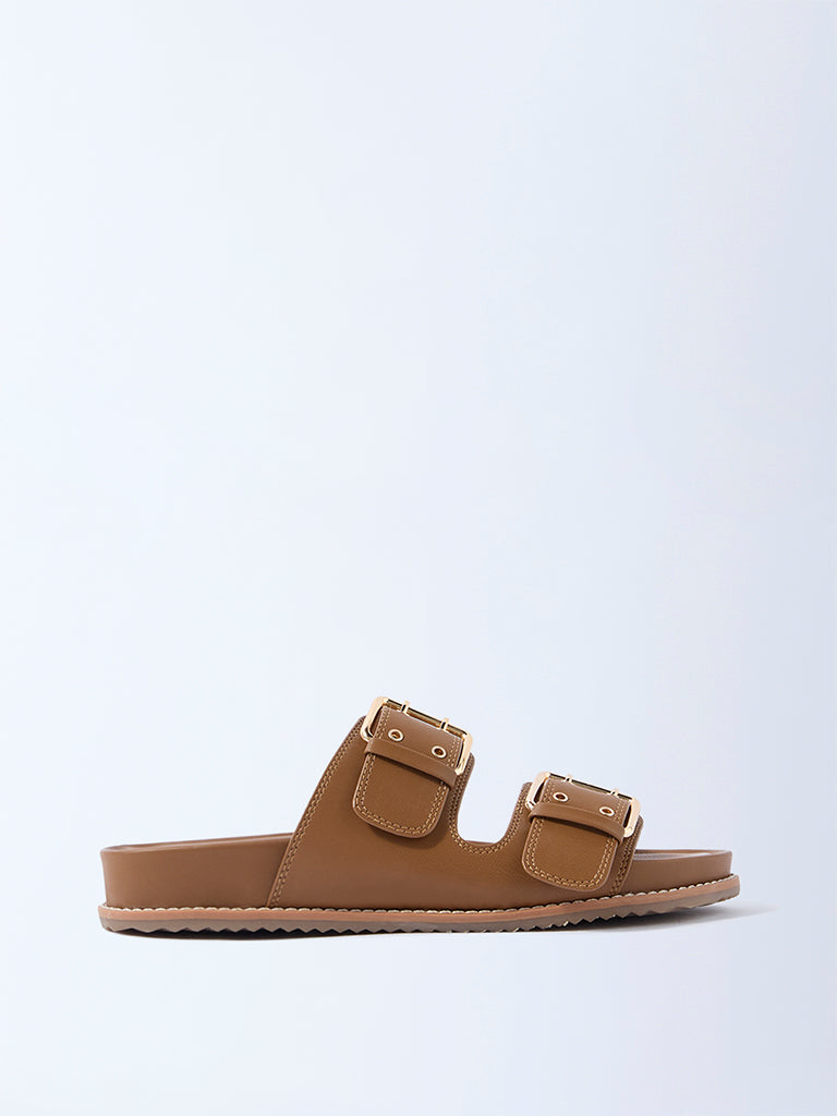 LUNA BLU Tan Buckle-Detail Comfort Sandals