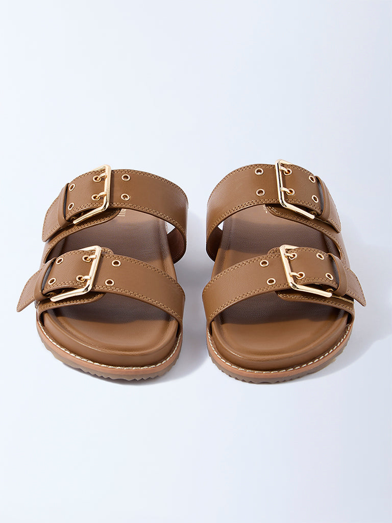 LUNA BLU Tan Buckle-Detail Comfort Sandals
