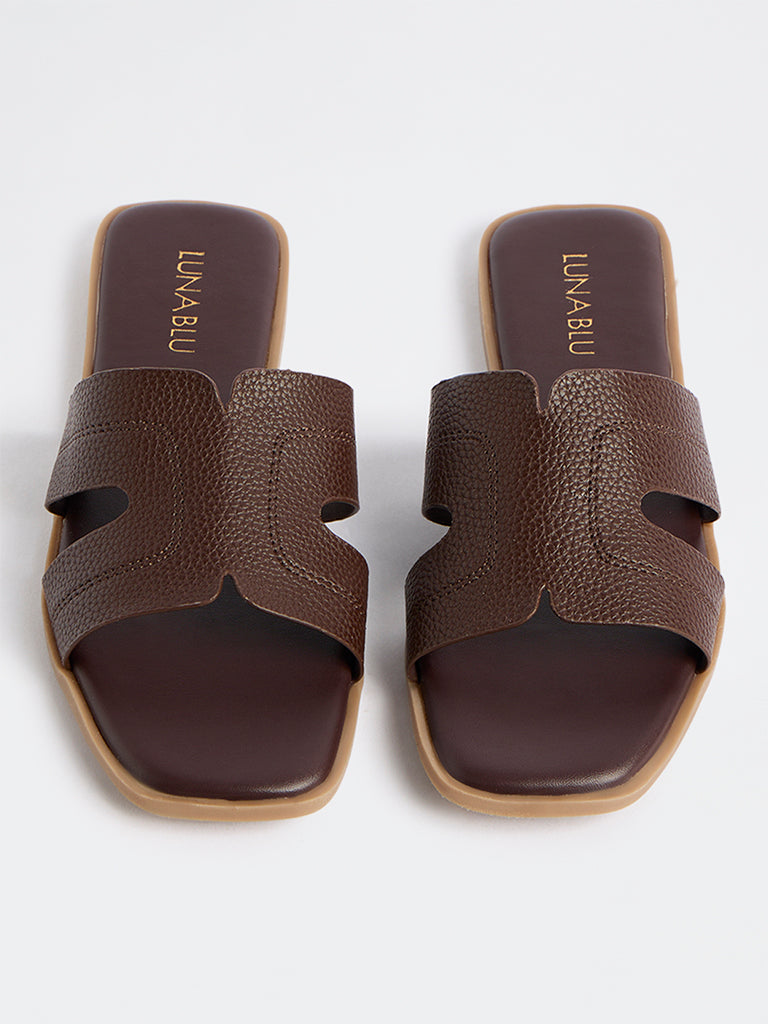 LUNA BLU Dark Brown Textured Strap Slides