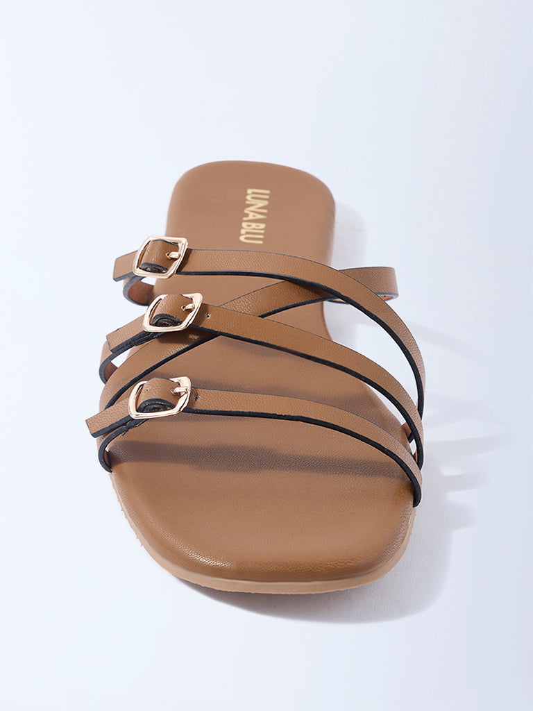 LUNA BLU Tan Multi-Strap Slides
