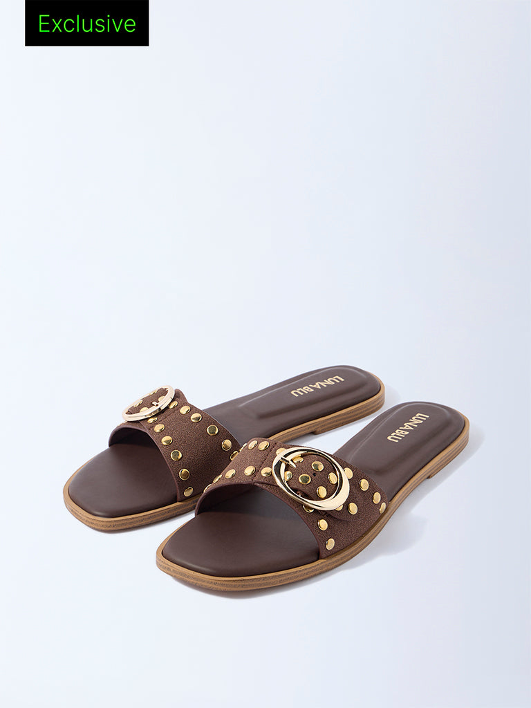 LUNA BLU Dark Brown Stud-Detailed Slides