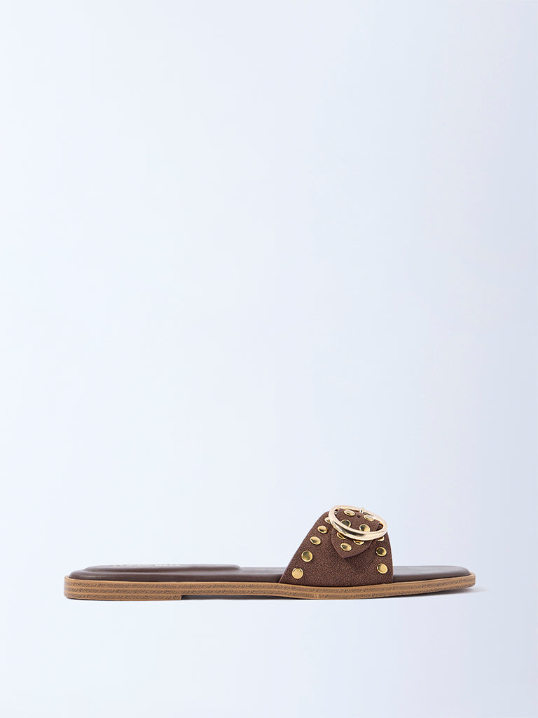 LUNA BLU Dark Brown Stud-Detailed Slides