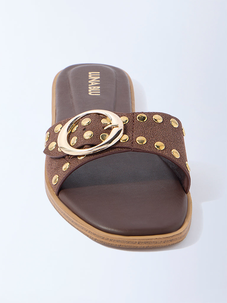 LUNA BLU Dark Brown Stud-Detailed Slides