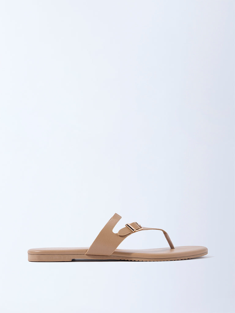 LUNA BLU Dark Beige Buckle-Detail Thong Strap Sandals