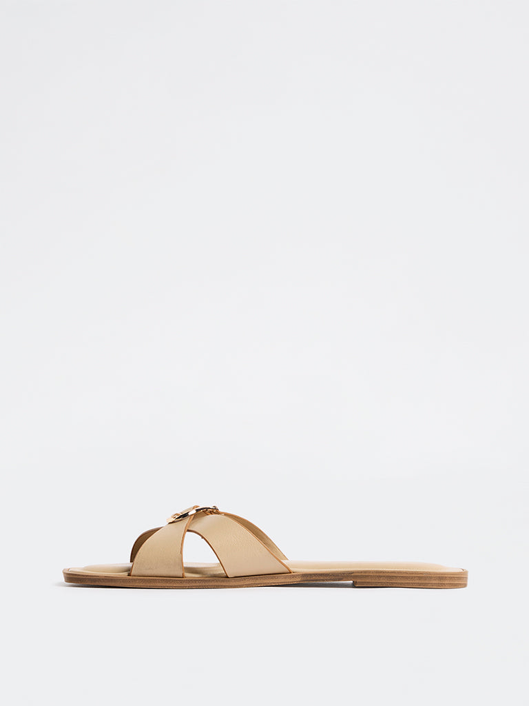 LUNA BLU Cream Cross-Strap Buckle-Detail Slides