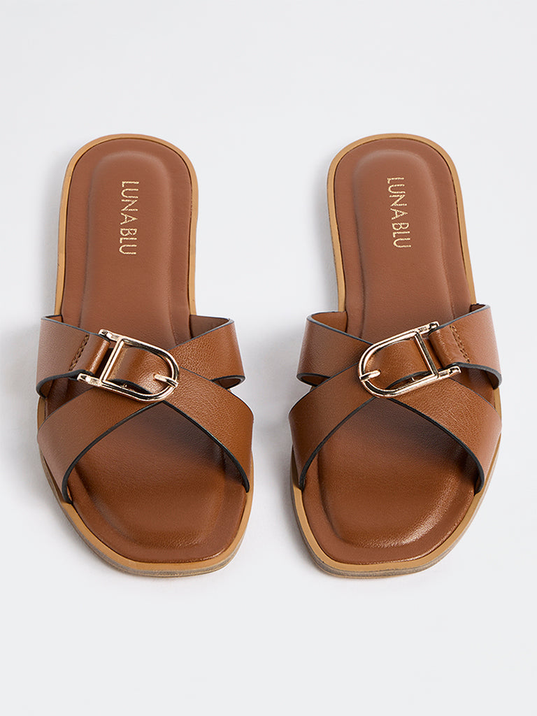 LUNA BLU Tan Buckle-Detail Criss-Cross Strap Slides