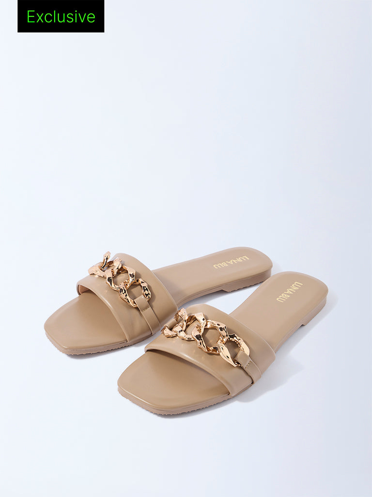 LUNA BLU Taupe Metal Chain-Detailed Slides
