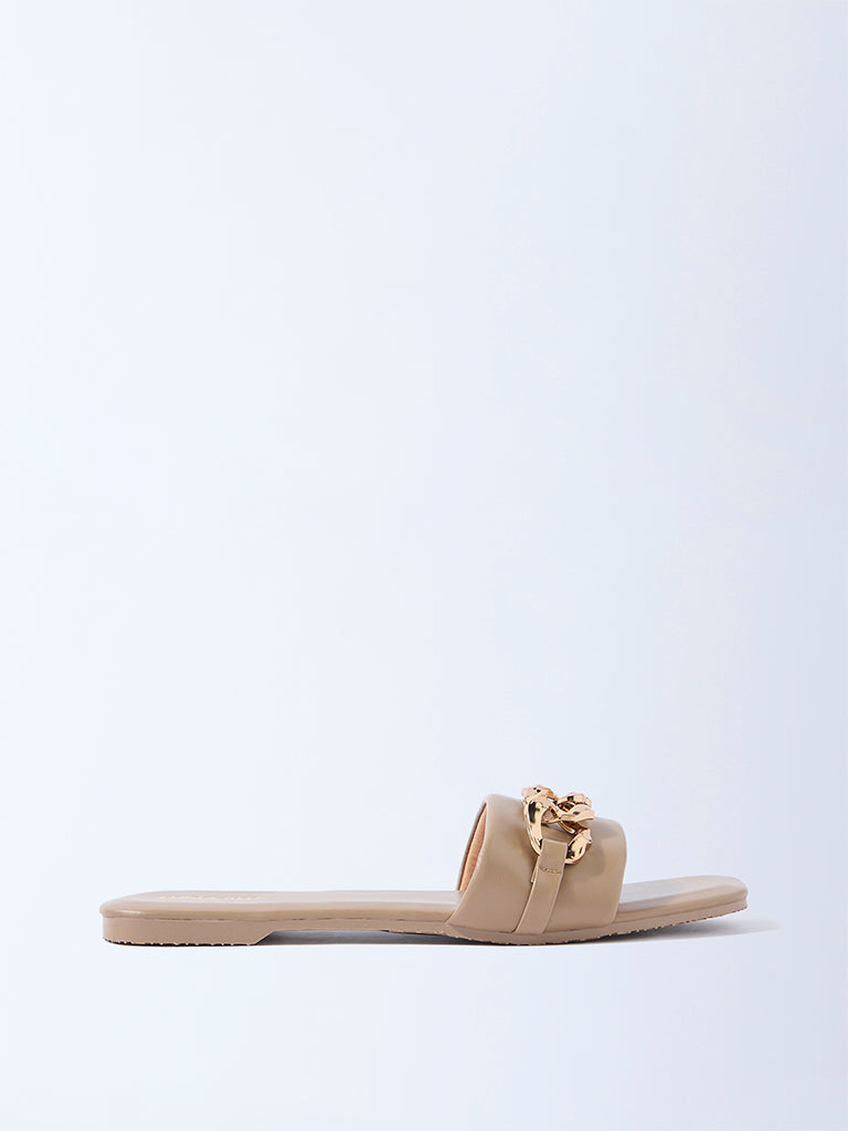 LUNA BLU Taupe Metal Chain-Detailed Slides