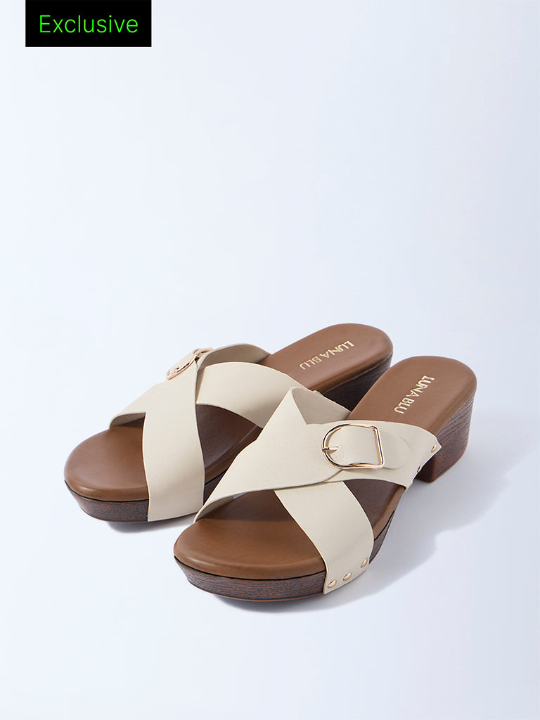 LUNA BLU Ivory Criss-Cross Block Heel Sandals